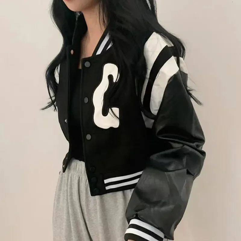Autumn Cropped Bomber Jacket Coats Women Vintage Korean Fashion Oversize Gothic Style Baseball Short Jackets Chic Streetwear 250304