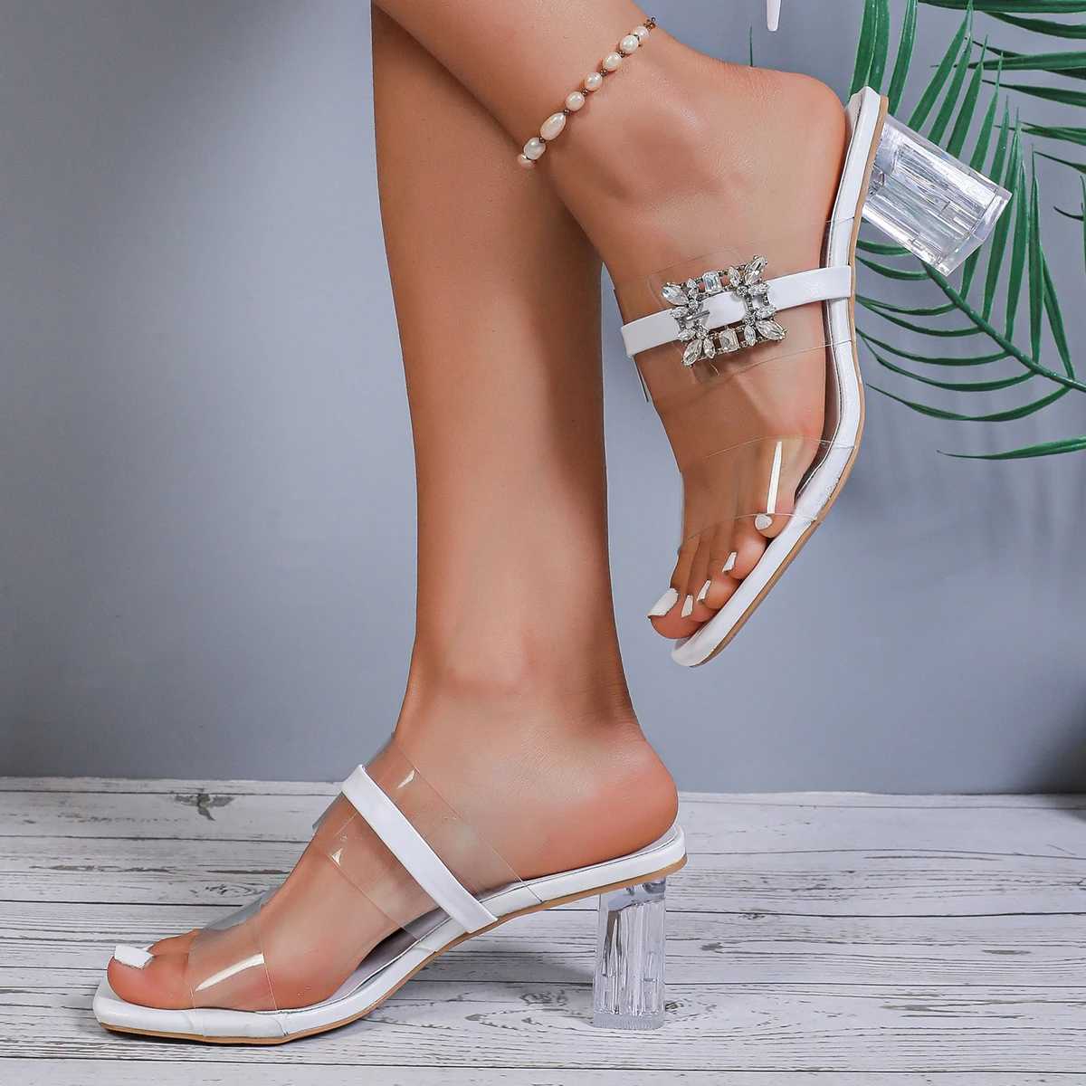 Rhine Transparent Heeled Sandals Women 2025 Summer Women Chunky High Heel Slippers Women Square Toe Crystal Party Shoes Y250304