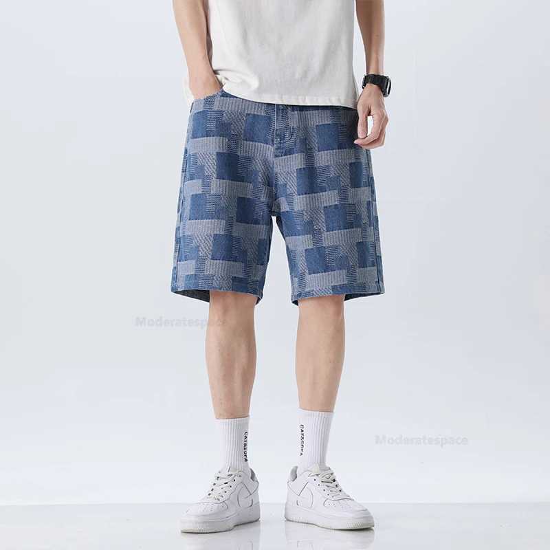 Fashion Plaid Denim Shorts for Men Summer New Straight Casual Splicing Jeans Streetwear Baggy Wide Short Pants MaleT250305
