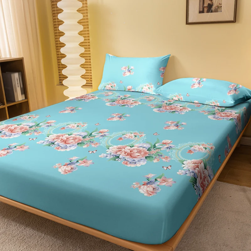 1 Simple Modern Plant Flower Printed Matte Fitted Sheet, Bedroom Printed Bed Cover, Bedding (Excluding Pillowcases)