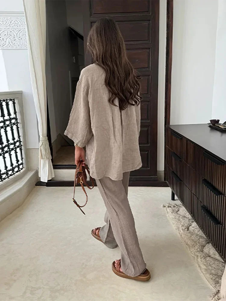 Fashion Cotton Linen Grey Wide Leg Pant Set Women Long Sleeve Single Breasted Shirts Suit 2025 Casual Loose High Streetwear 250304