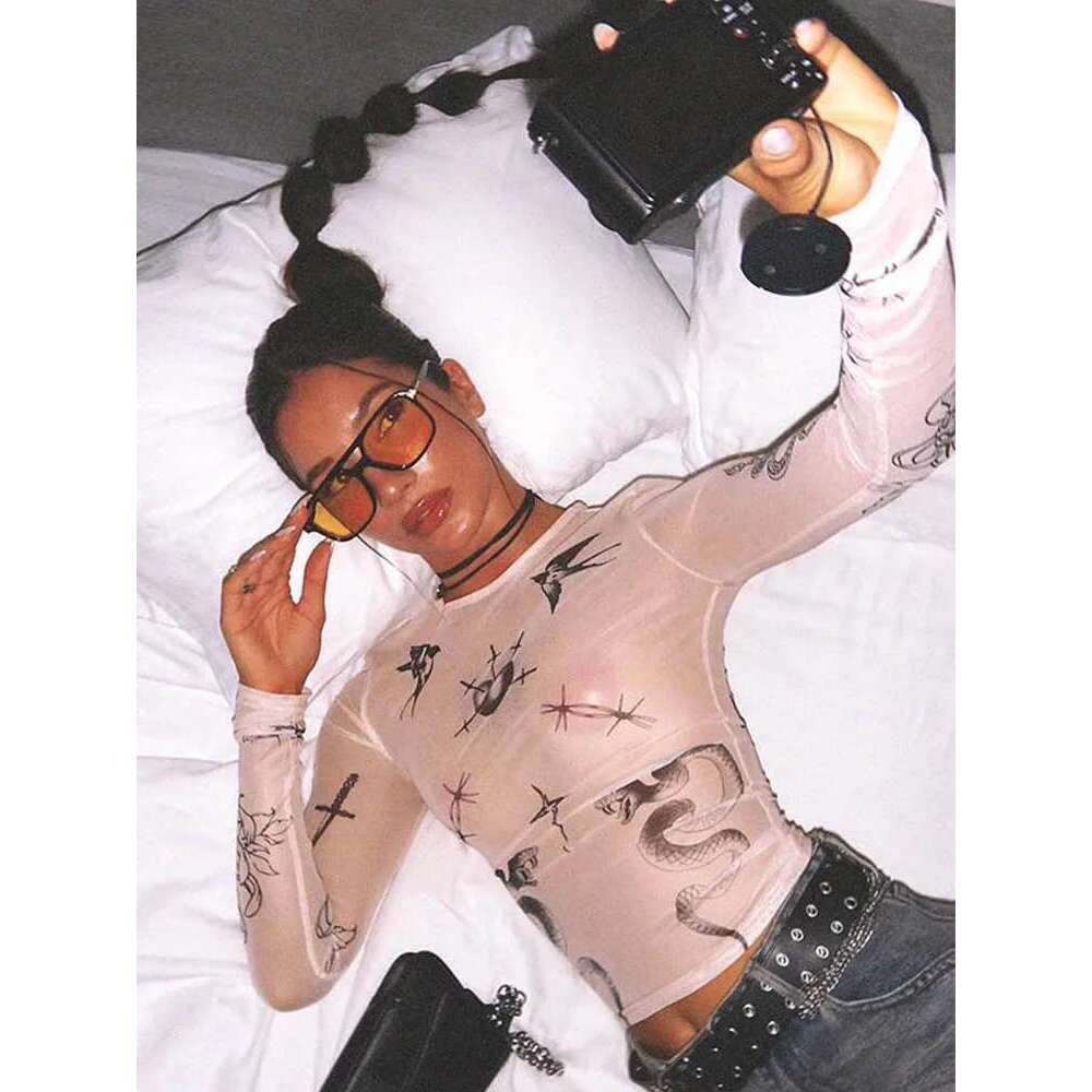 Print Totem Mesh Sexy Club Women Tops O Neck Long Sleeve Streetwear Fashion Sheath Slim See Through T-Shirts Female Tee KLMY