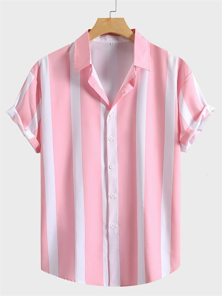 2024 Mens Short Sleeve Shirt Striped Printed Hawaii Simple Button T Tops Fashion Casual Large Size Lapel Y2k Top 250227