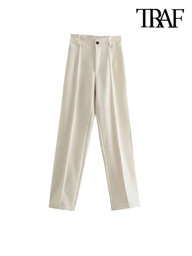 TRAF Women Chic Fashion Office Wear Straight Pants Vintage High Waist Zipper Fly Female Trouser 250304