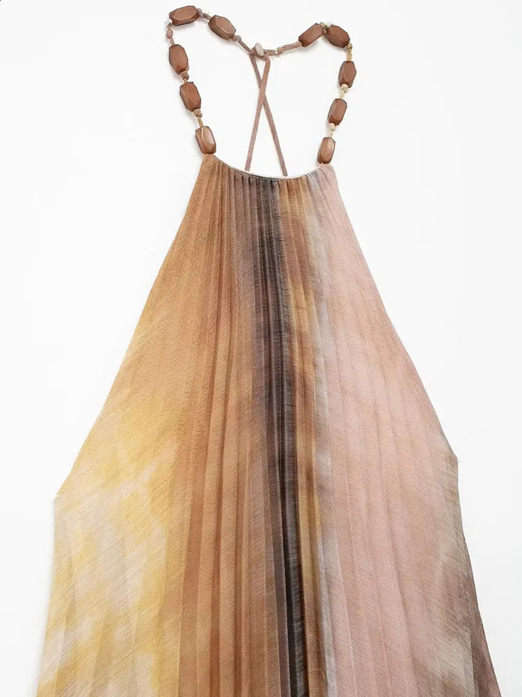 TRAF Tie Dyed Pleated Midi Dresses For Women Fashion Beading Halter Collar Dress Elegant Casual Sexy Thin Party 250305