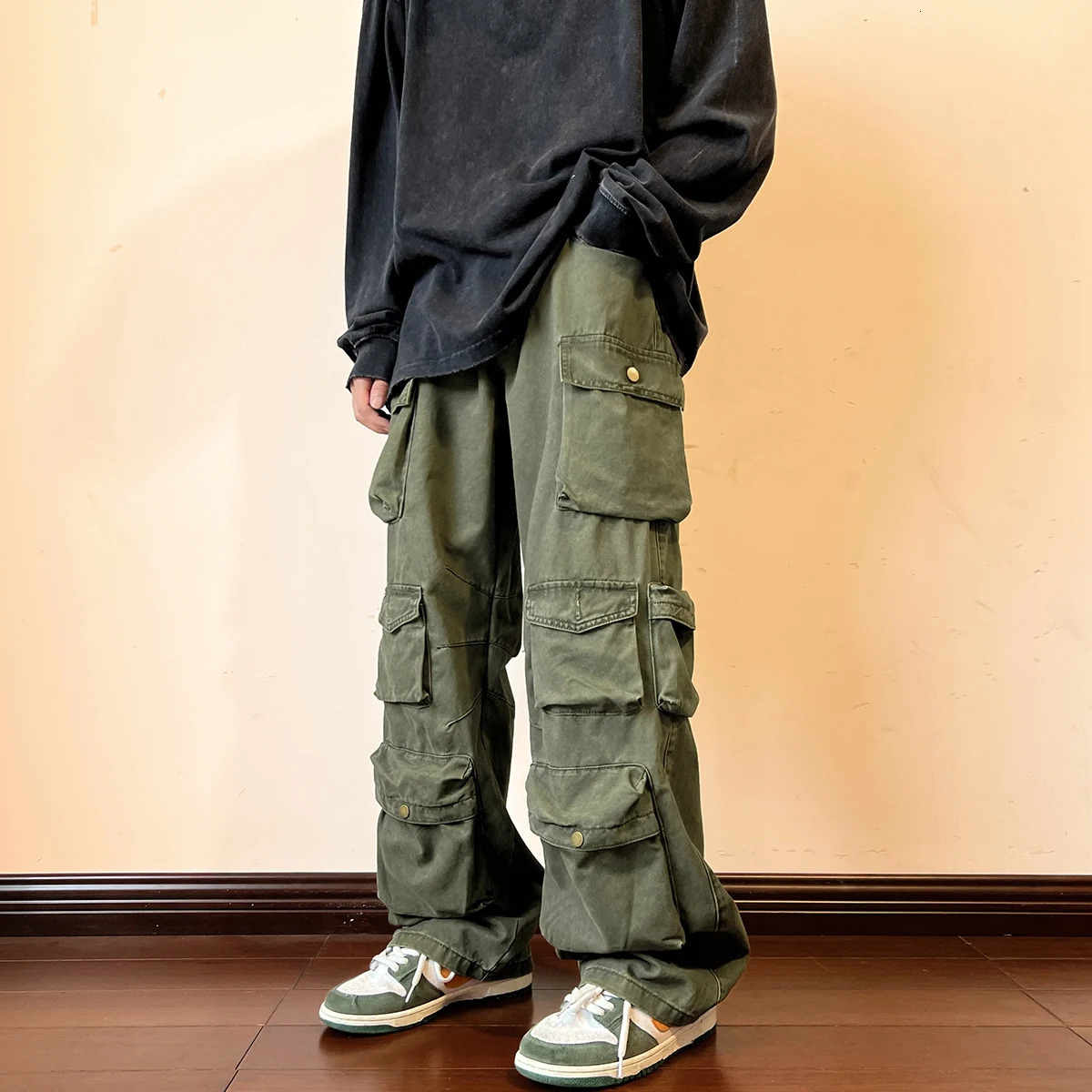 Men Cargo Pants Multi-Pockets Tool Pants Harajuku Mens Vintage Loose Wide Leg Pants Streetwear Casual Hip-Hop Trousers 250304