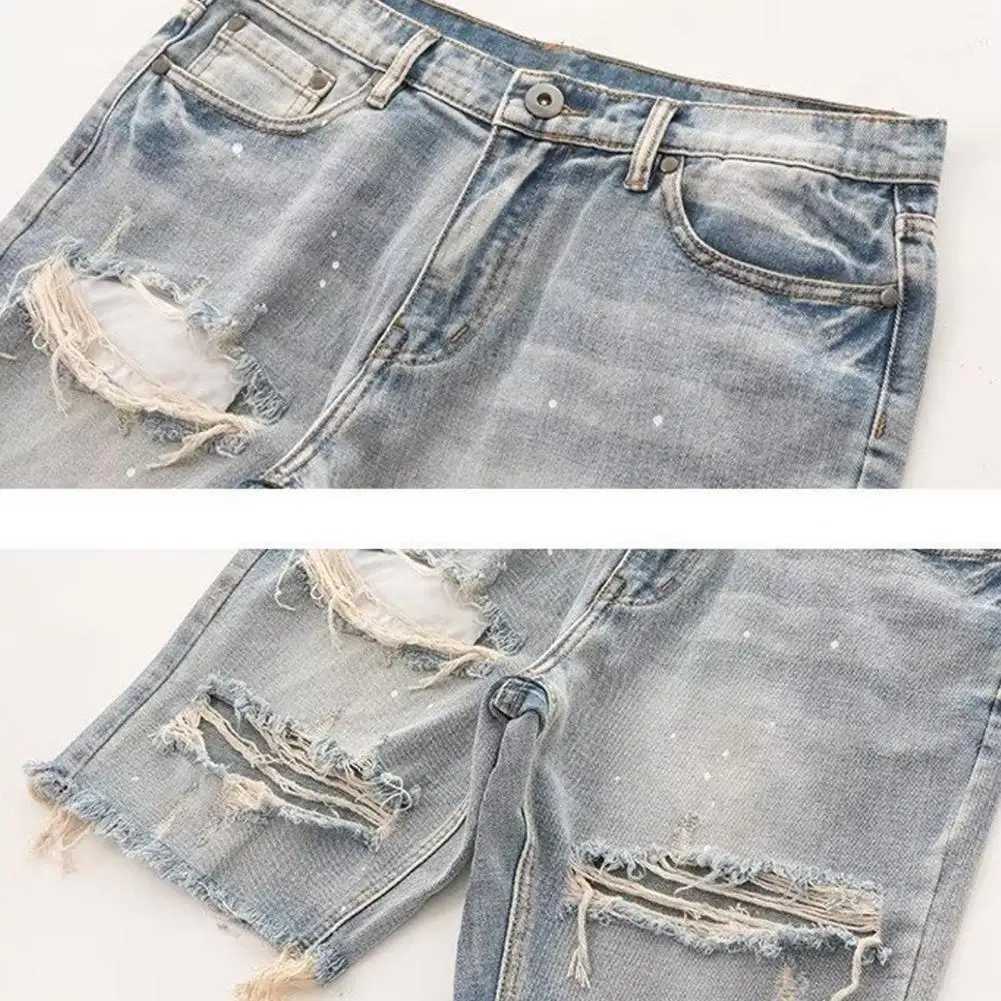 Men Summer Distressed Denim Shorts Button Zipper Fly Multi Pockets Short Jeans Straight Fit Ripped Holes Knee Length DistressedT250306