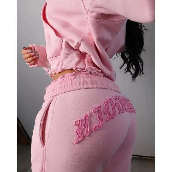 OEM Zipper-Up Woman Good High Quality Distressed Embroidery Zip Up Hoodies And Jogger Set Women Tracksuit For Sale