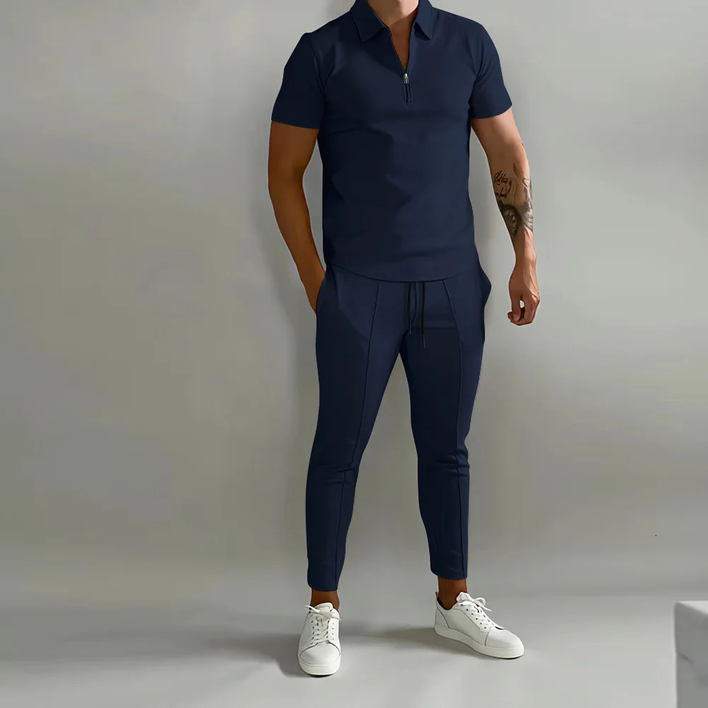 Cross-border Spring and Summer Mens Suit Lapel Short-sleeved POLO Shirt Sports Trousers 2-piece Set for Men 250304