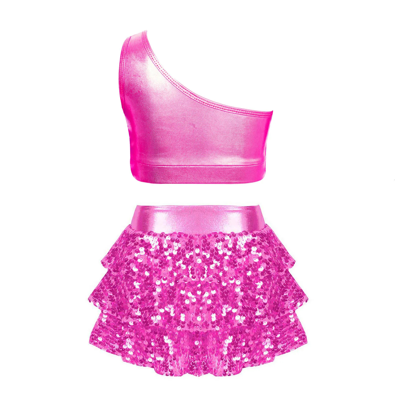 Kids Girls Sequins Jazz Dance Costumes Sleeveless Ballet Gymnastics Crop Top Skirt Set Hip Hop Ballroom Performance Clothes 250304