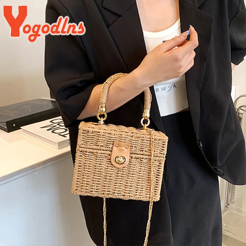 Yogodlns Summer Straw Bag Women Handmade Rattan Box Shoulder Bag Travel Vacation Beach Bag High Quality Square Bag Purse Bolsa 250304