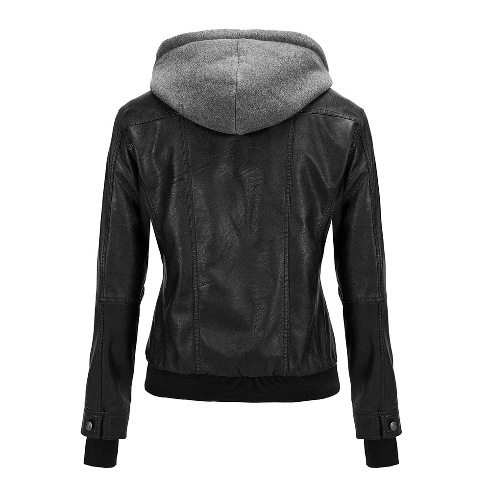 2024 Womens Motorcycle Leather PU Hooded Washed Jacket Coat Zipper Vintage Lapel 250225