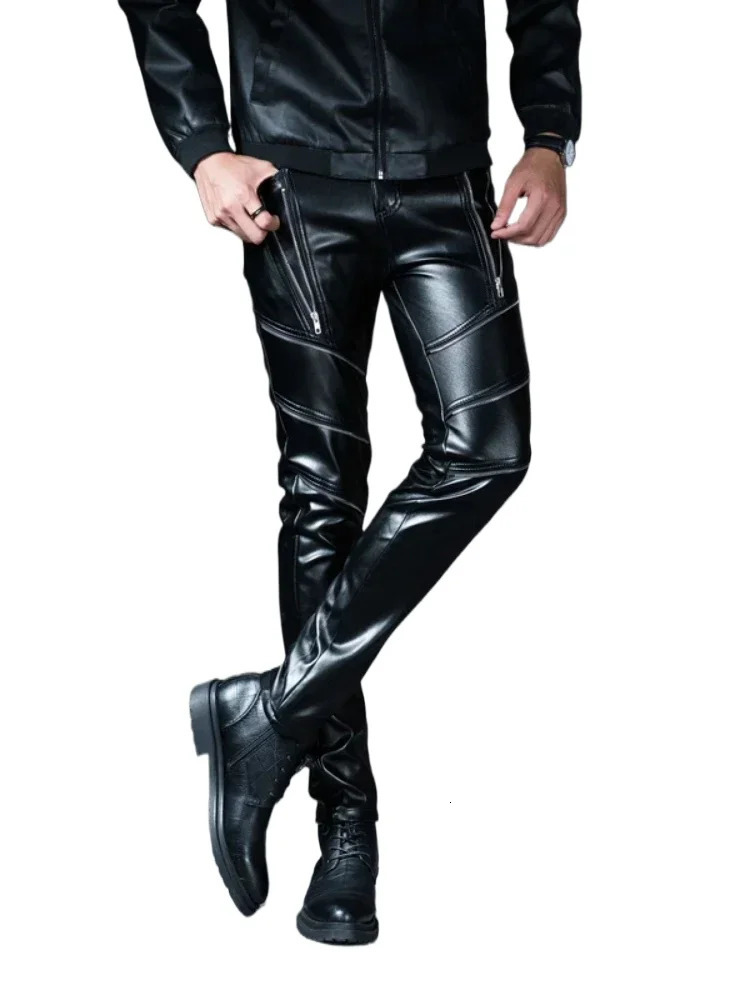 Mens Tight Bicycle Leather Pants Fashion Artificial Motorcycle Stage Club Dress 250304