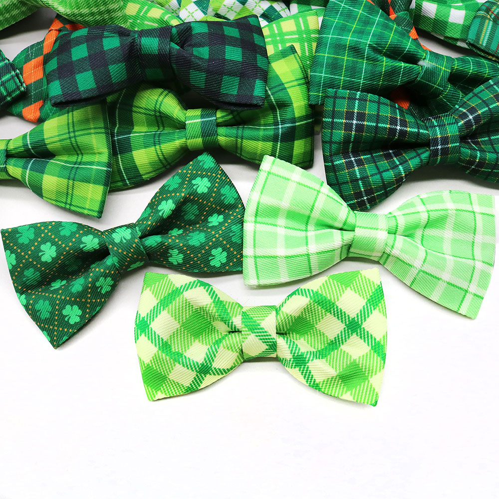10PCS Green Plaid Style Dog Bow Ties With Elastic Bands Removable St. Patrick's Day Dog Bowties Collars Pet Accessories For Dogs