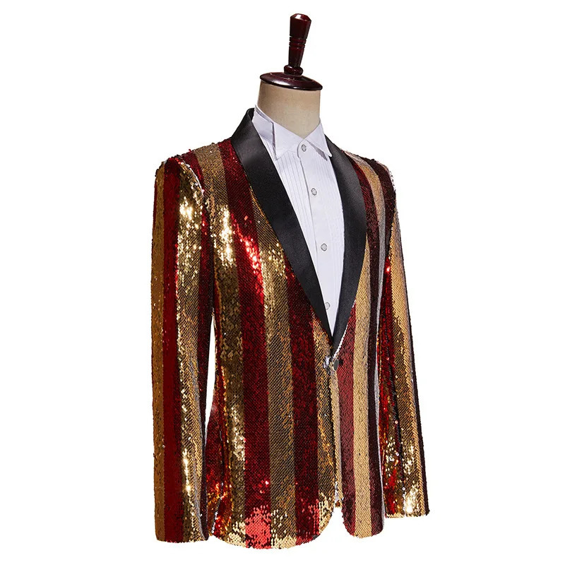 Mens Shining Sequin Stripes Suit Jackets Gold Red Shawl Collar Formal Blazer Male Singer Bar Concert Performance Tuxedo Costume 250304