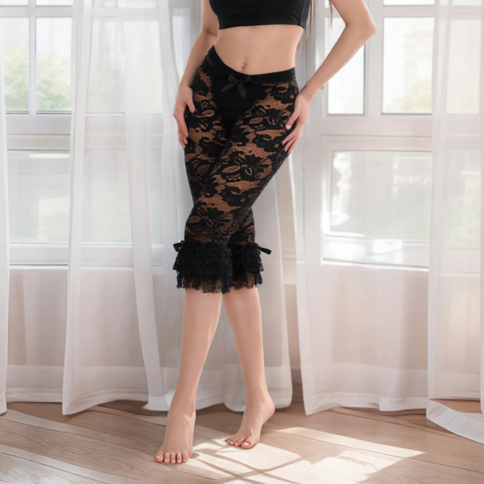 Combhasaki Womens Y2K Vintage Floral Lace See-through Ruffled Layered Leggings Sheer Mesh Elastic Waist Knee Length Pants 250304