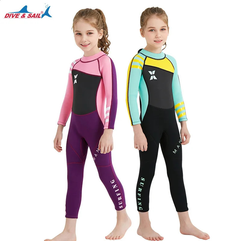 DIVE SAIL 2.5MM Neoprene Cute Girl Thermal Wetsuits Children Full Body Diving Suits Surf Swimwear Sunscreen Keep Warm Clothing 250304
