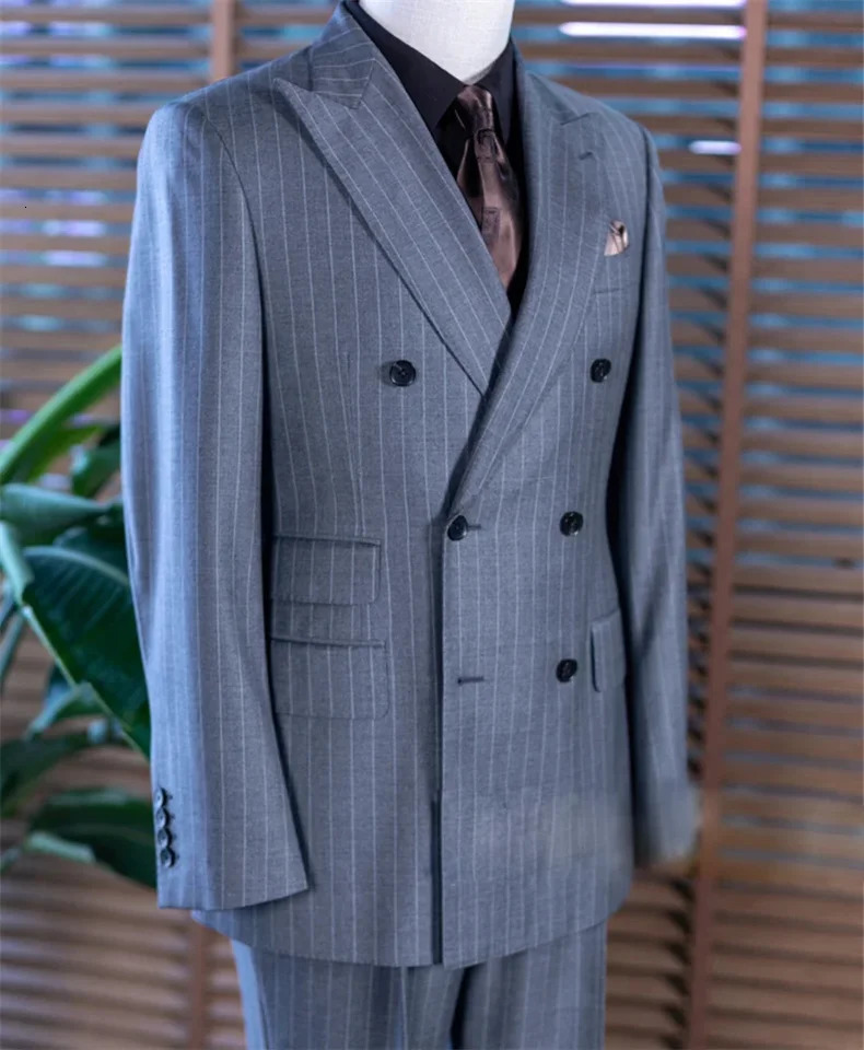 2 pieces of grey striped mens classic double chest business jacket pants customized formal party dress 250224Z