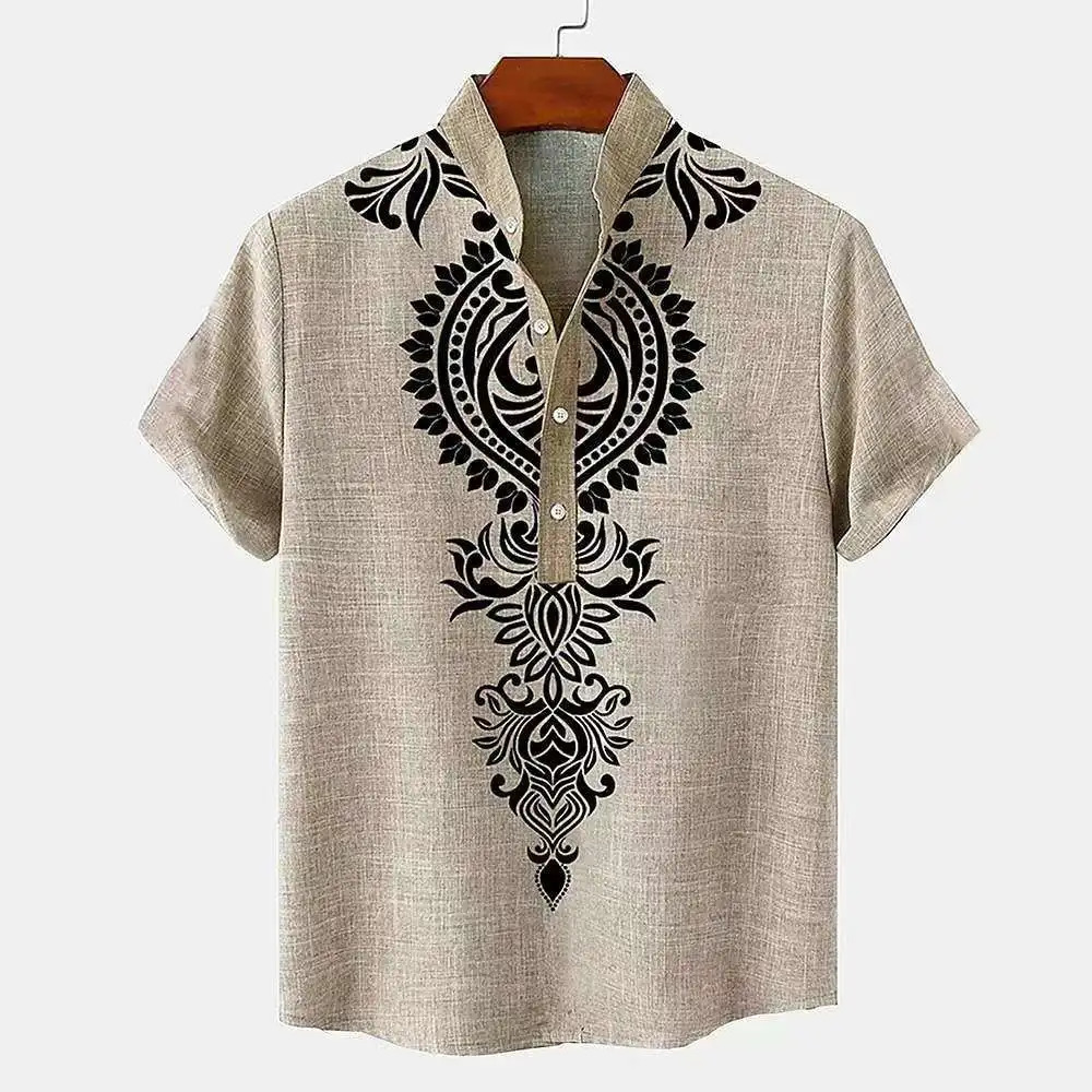 Linen Mens Tribal Totem Short Sleeve Shirt Half Cardigan Button Stand Collar TShirt Top 250227
