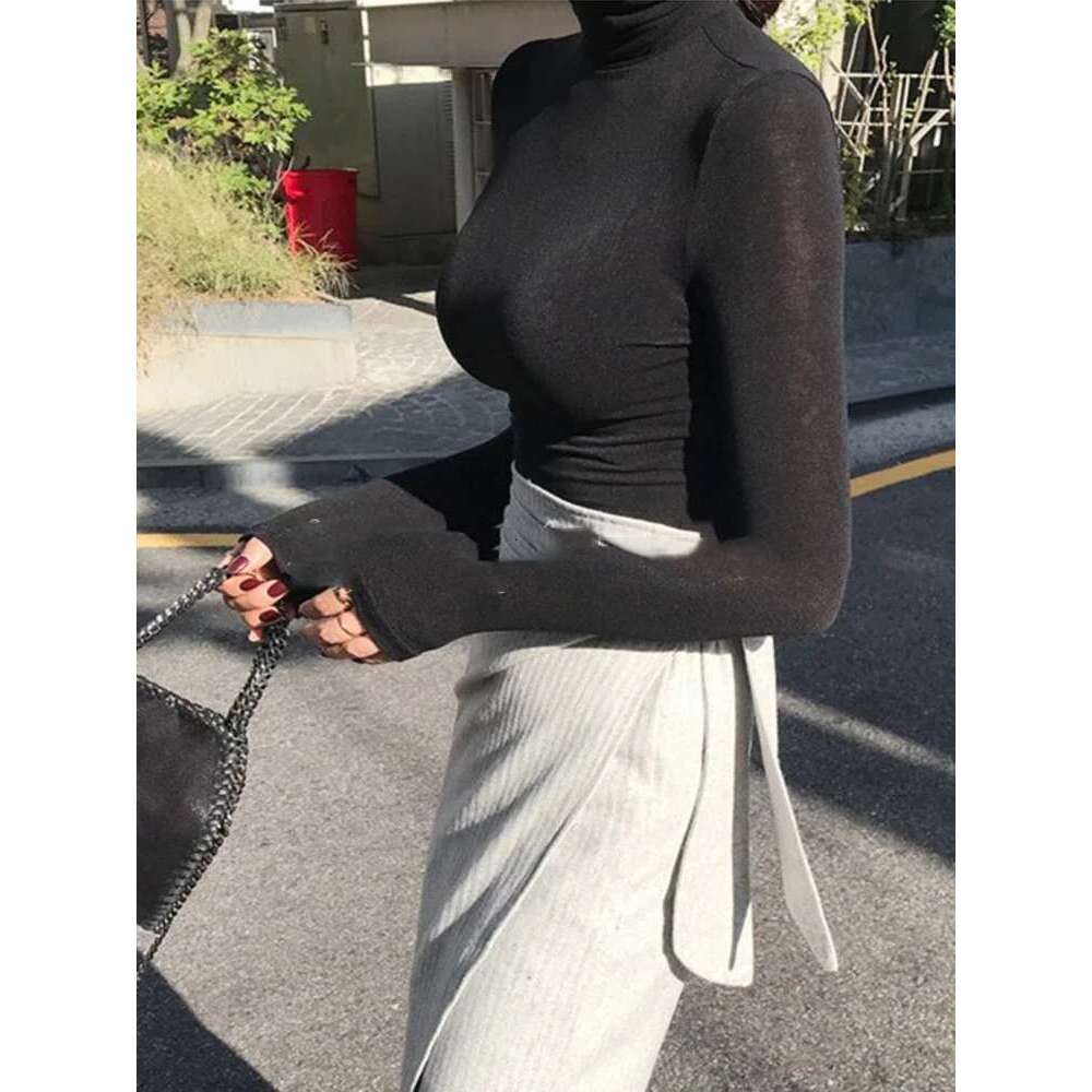 Loose Collar Elastic T-shirt Women Solid Long Sleeves Loose Collar High Ladies Low Tight See Through Basic Sexy T-shirt Clothing