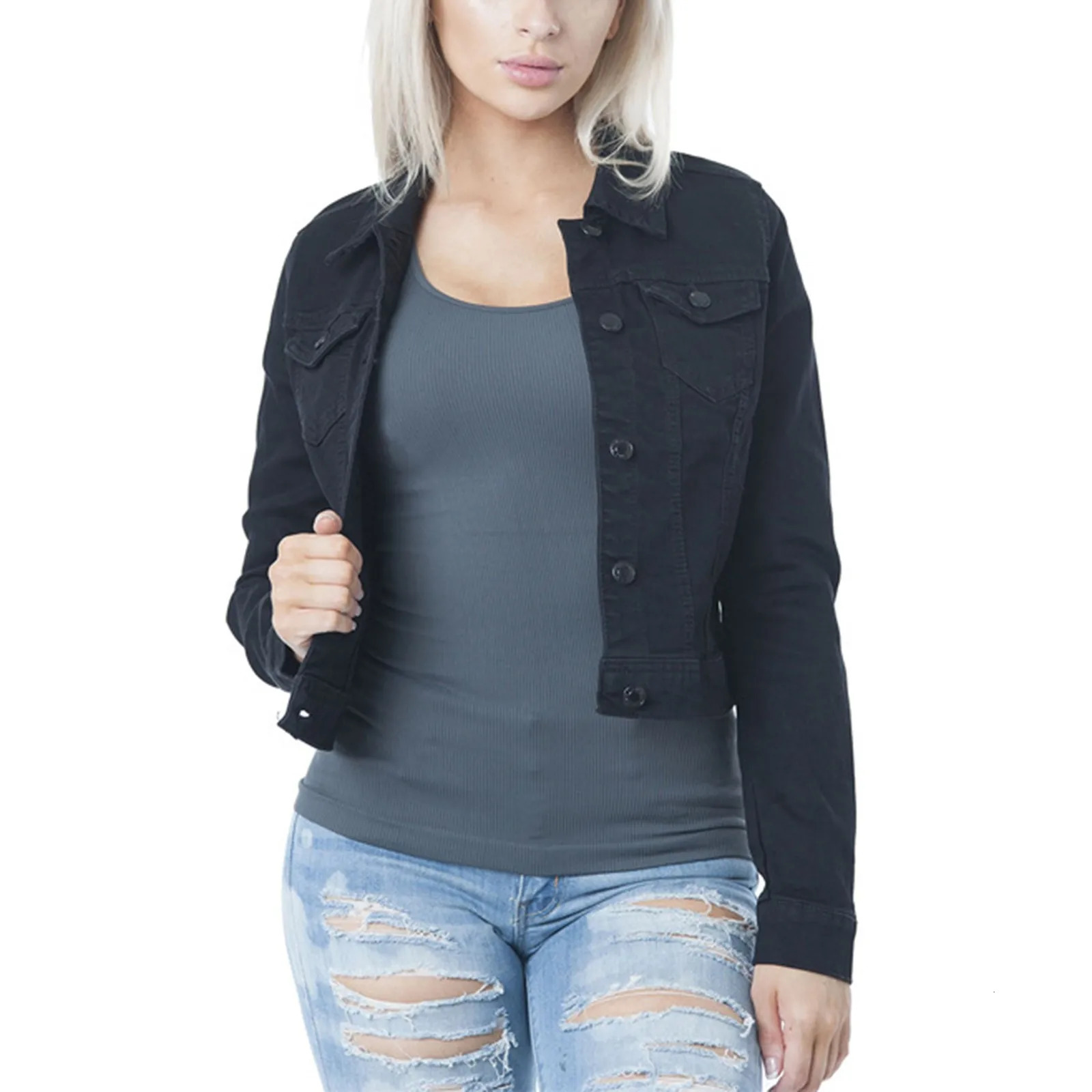 Long Sleeve Winter Slim White Black Jeans Jacket For Women Solid Denim Woman Tops Short Coat Ladies Jackets Outerwear 250304