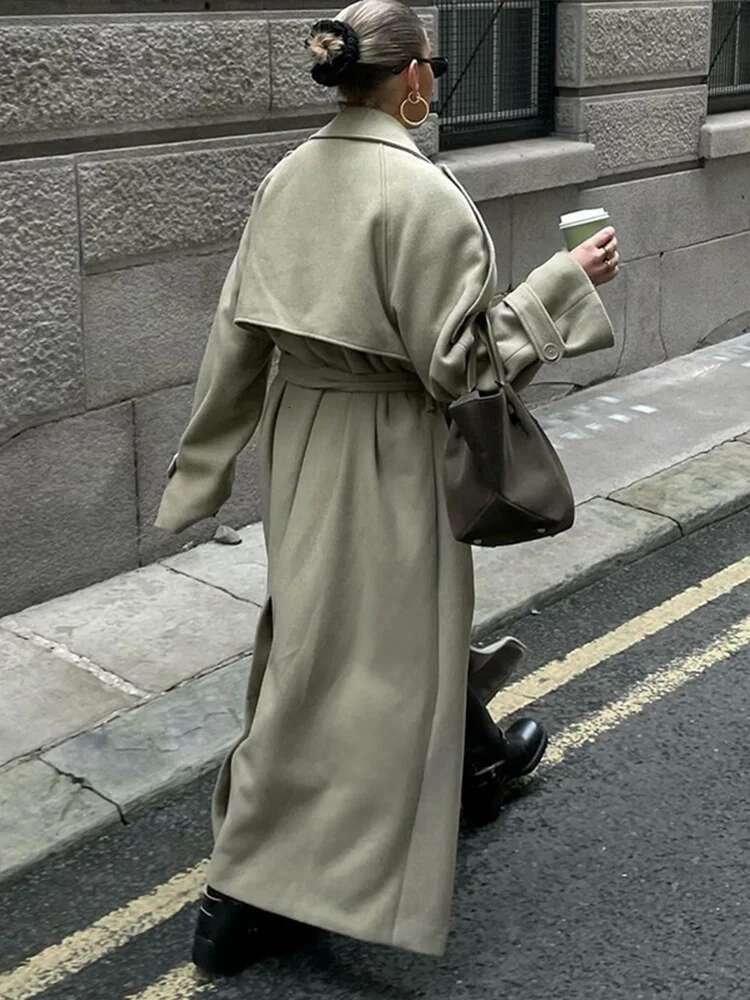 Casual Woolen Lapel Long Coats With Belt Women Elegant Chic Solid Double Breasted Jackets Female Autumn High Street Overcoats