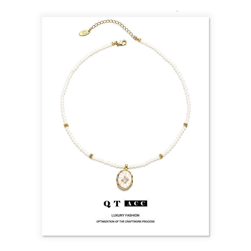 Brass Plated True Gold Instagram French Style Zircon Stone Imitation Pearl Natural Mother Shell Pendant Necklace Ornament for Women