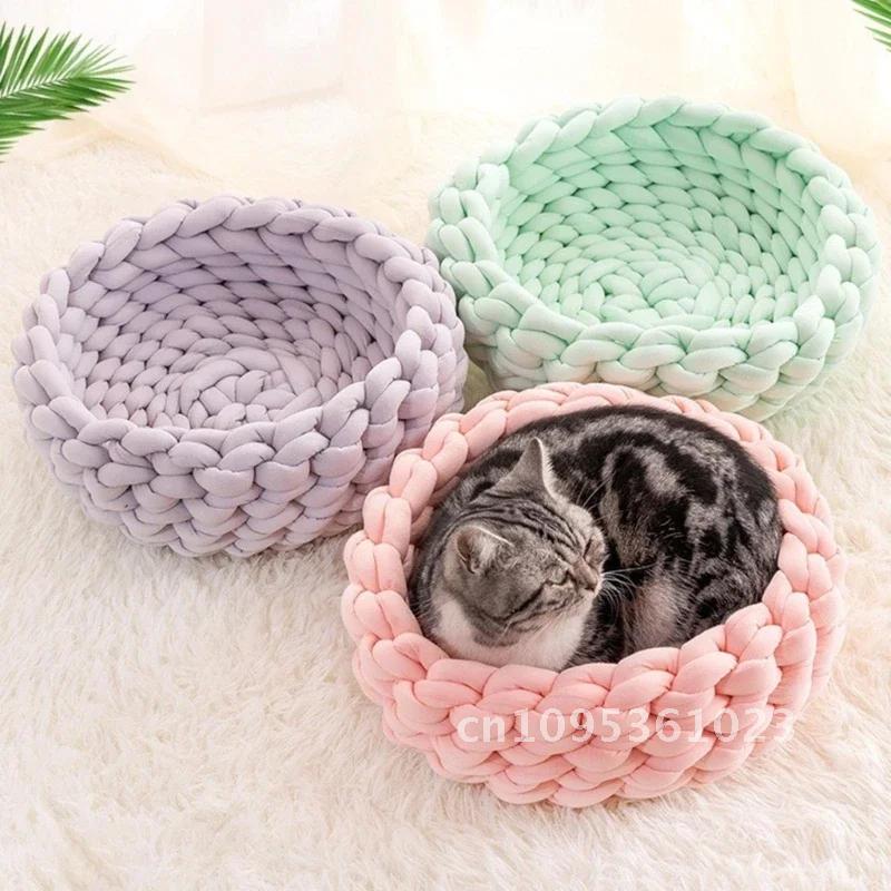 30cm 35cm Round Crocheted Cats Beds Kitten Soft Puppy Cushion Bed Chunky Handmade Dog Supplies Pet Mats