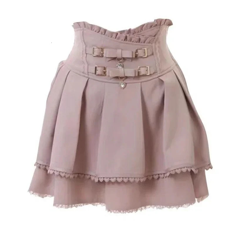 Japanese Kawaii Mini Cake Skirts Womens Jupe Fairy Bandage Lolita High Waist Y2k Aesthetic Sweet Lace Gothic JK Faldas Skirt 250304
