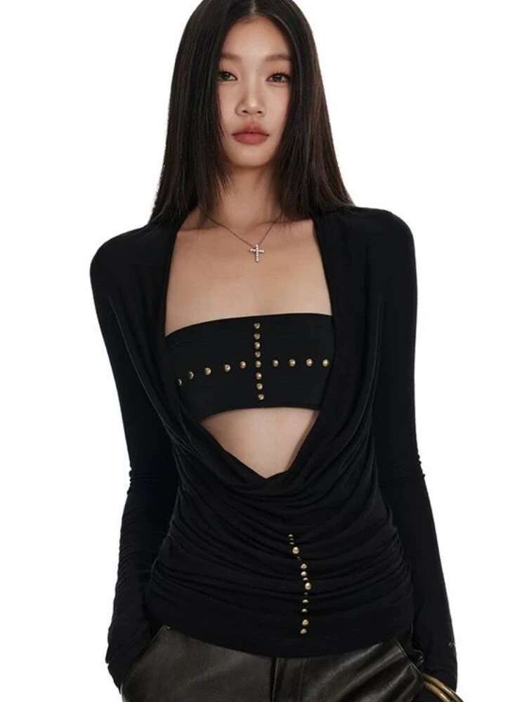 Two Pieces Set Punk Cross Rivets Sexy Women Strapless + Slim Haruku Vintage Solid Knitted T-Shirt Y2k Aesthetic Fashion Outfit