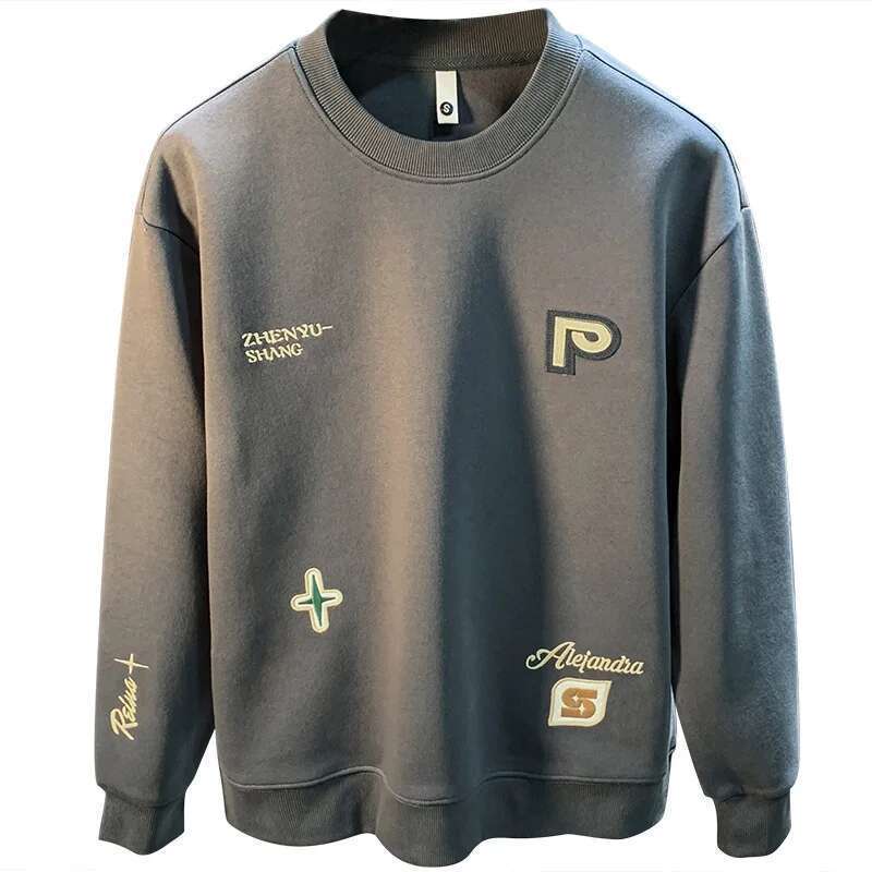 High-End Embroidered Men's Round Neck Sweater 2024 Autumn New Trendy Loose Elastic Long-Sleeved Casual Clothes