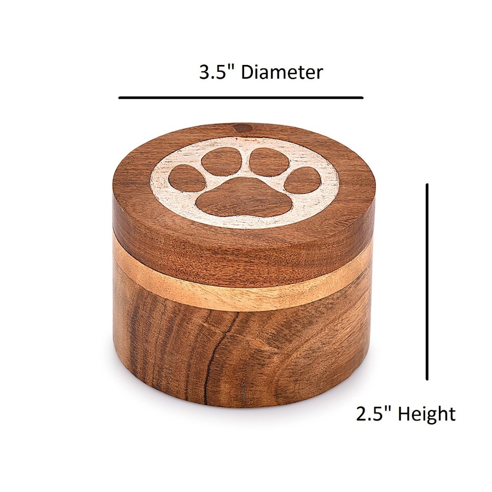 Wood Decorative Urns Round Shape White Paws Design Urn for Ashes for Dogs, Pet Urns for Cats (3.5" x 3.5" x 2.5")