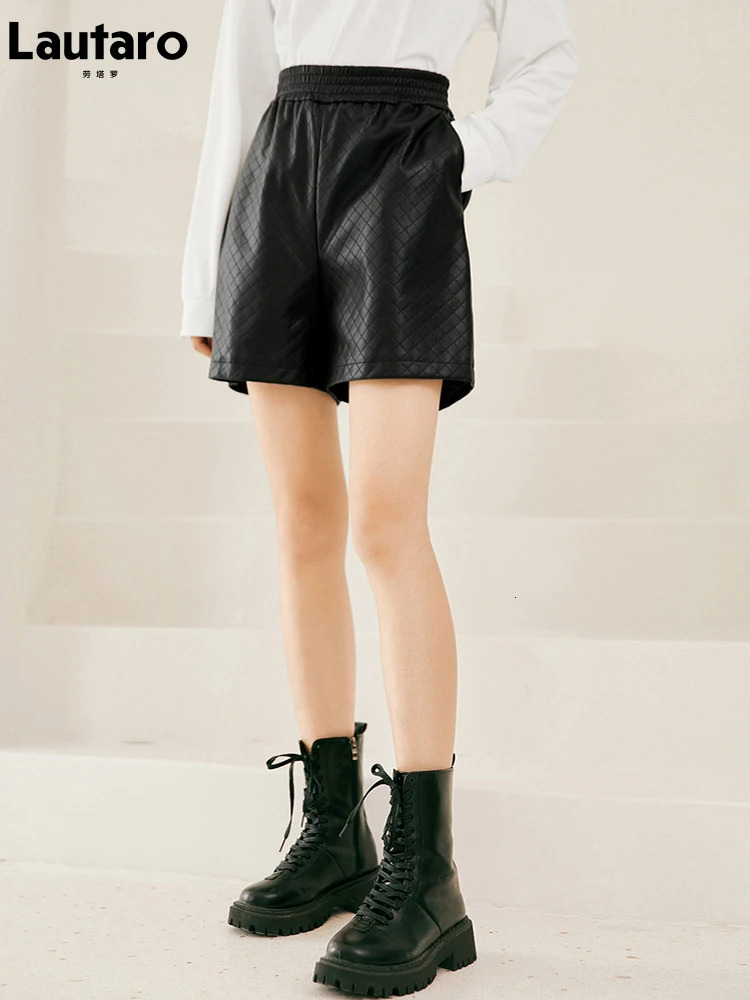 LautaroWomens Black Soft Faux Leather Wide Leg Shorts High Elastic Waist Diamond Plaid Bottoms Loose Casual Spring 250304