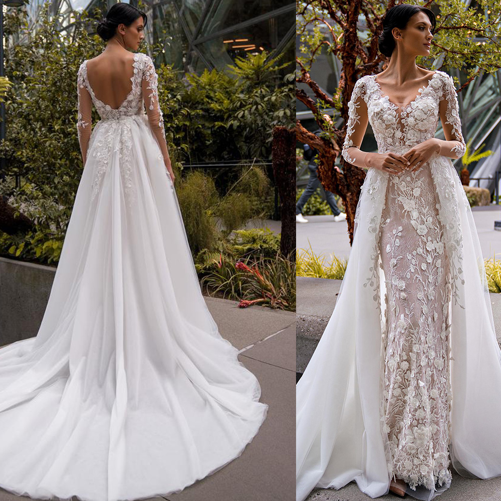Stylish Wedding Dresses 3D-Floral Appliques Mermaid Bridal Gowns Overskirts Lace Customized Illusion Princess Sweep Train Backless Bride Dress Vestido
