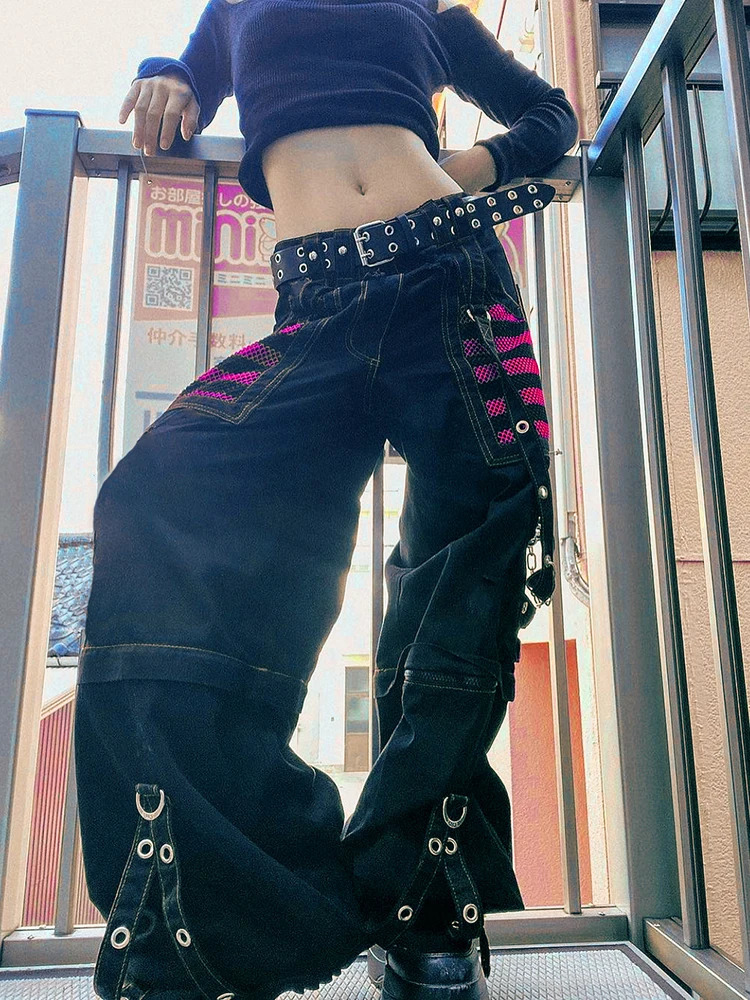 SUCHCUTE Gothic Chain Bandage Wide Leg Pant Oversize Low Rise Dark Academic Trousers Streetwear 90s Baggy Punk Style 250304