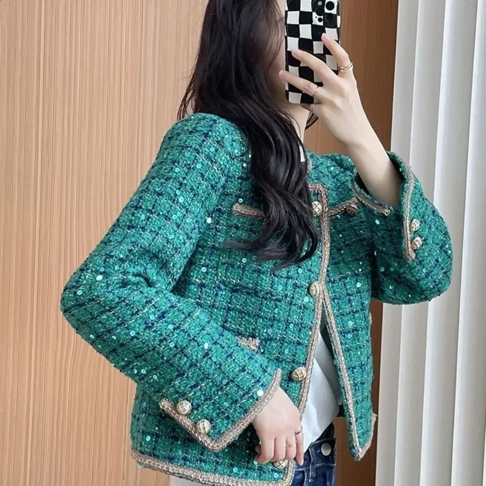 Tweed Wool Blend Coat for Women Round Neck Mixtures Jacket Woman Splicing Outerwears Novelty on Sale In Trendy 250225