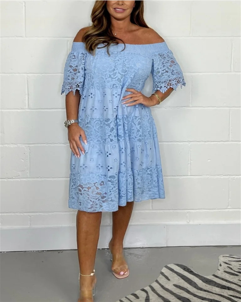 Plussize womens dress lace solid color hollow offshoulder oneline strapless fashion plussize 250225