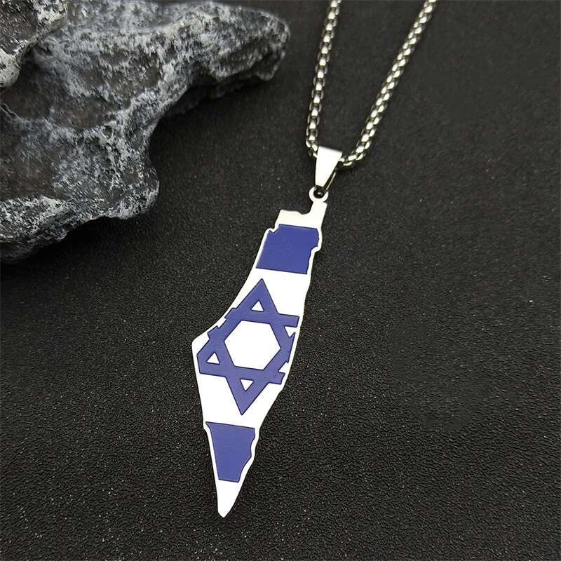 Blue Israel Map Pendant Necklace for Women Men Stainless Steel Sier Color Geography Country Je Star Of David Chain Jewelry