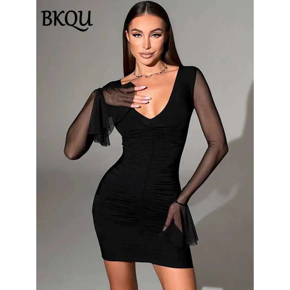 Sexy BKQU V-neck Ruched Mini Bodycon Women's Summer Mesh Patchwork Long Flare Sleeve Elegant Night Club Short Dress 2025