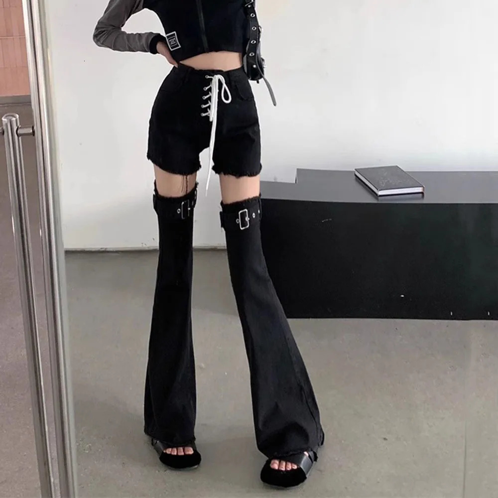 Black lace shorts for womens fashion gothic punk denim long pocket jeans with warm legs star diamond glitter pants 250304