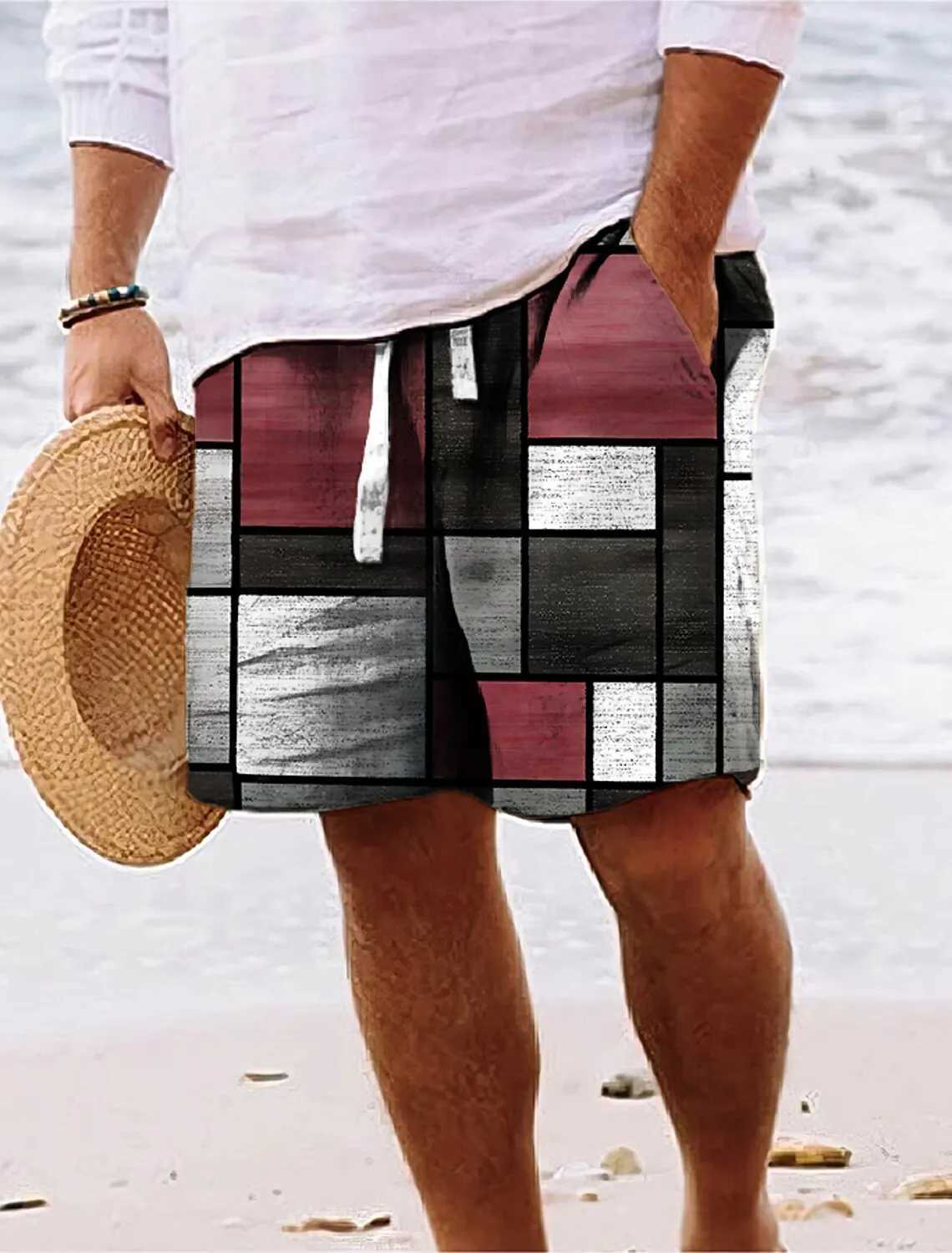 Mens Summer Shorts Beach Shorts Drawstring 3D Printed Color Blocks Geometric Breathable Soft Street Clothing HawaiiXJ250304
