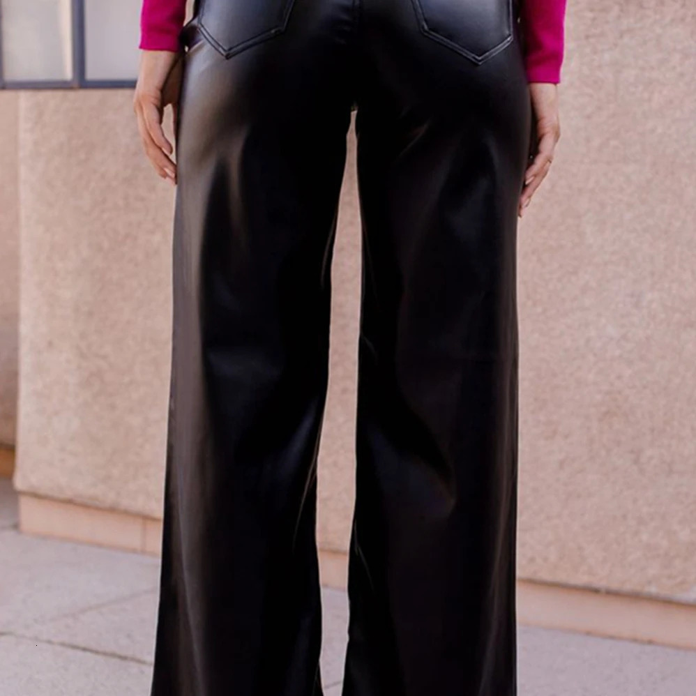 2024 Autumn And Winter Fashionable High Waisted PU Wide Leg Straight Casual Retro Leather Pants For Women 250304