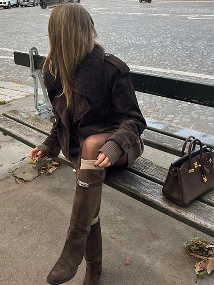 Women's fur coats Retro Faux Collar Suede Short Coats Women Elegant Lapel Lace Up Long Sleeved Outfits For Woman Autumn Solid High Street Outwear