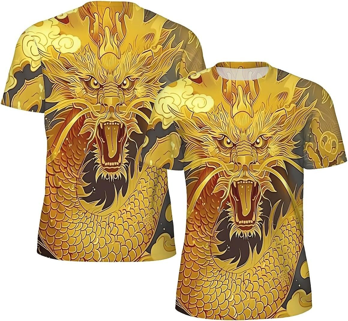 Mens T shirt Men's Novelty T-Shirts Graphic 3D Print Short Sleeve Summer T-Shirt Golden Dragon tee Casual tops summer clothes