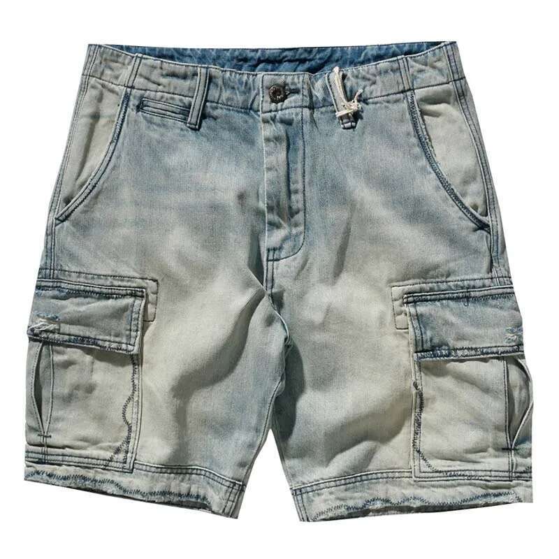 Mcikkny Men's Summer Cargo Denim Multi Pockets Vintage Washed Jeans Shorts For Male Streetwear