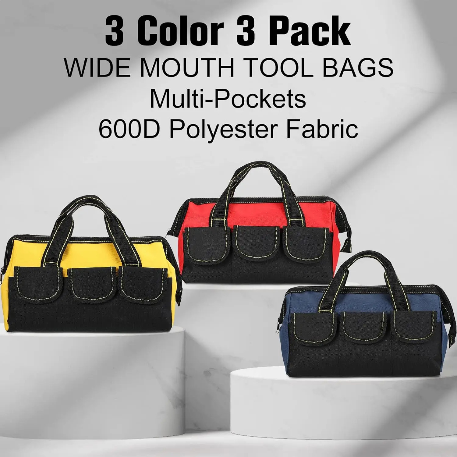 Ship from US 3pack mens tool bag with waterproof hard bottom heavyduty wide mouth suitable for various tools 250305FBB