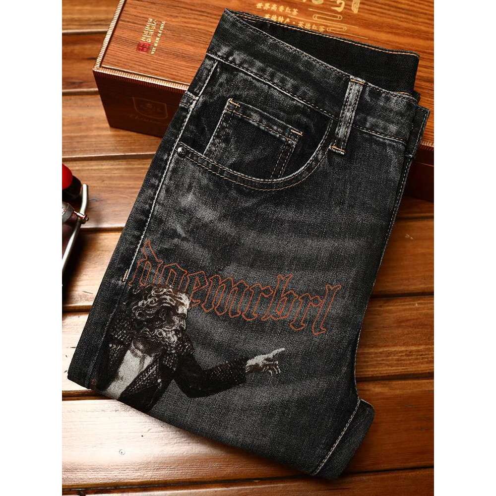 Trendy Printed Jeans For Men's Autumn 2025 Elastic Slim Fit Small Feet Casual Washed Denim Light Pants