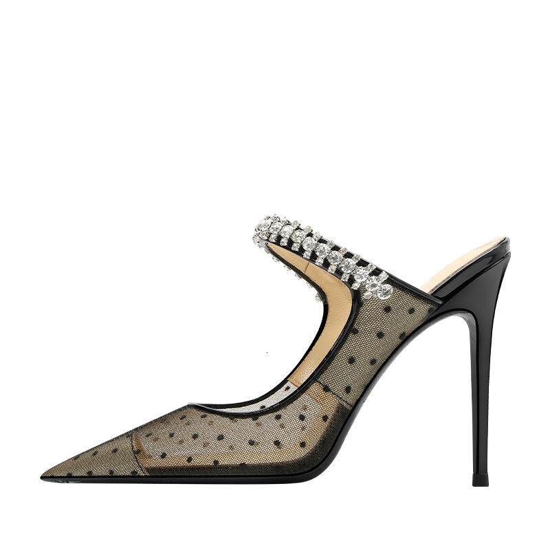 Polka dot mesh sexy black high-heeled sandals women, Xia pointed straight diamond chain toe slippers with high-end feel for wearing outside