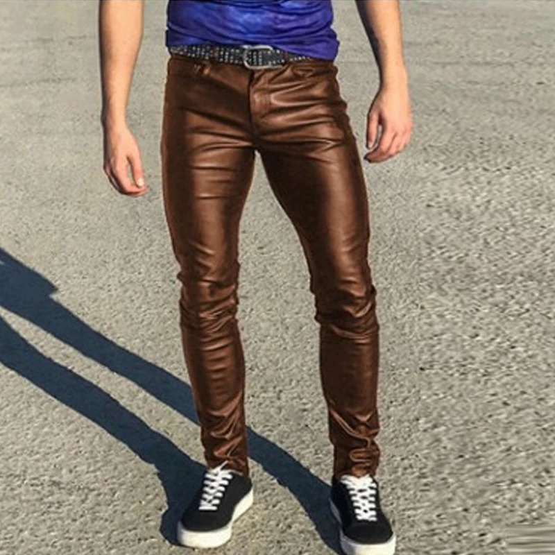 Fashionable mens ultrathin slim fit leather pants solid color mid waist tight elastic PU Trousers 2023 springsummer streetwear retro 250304