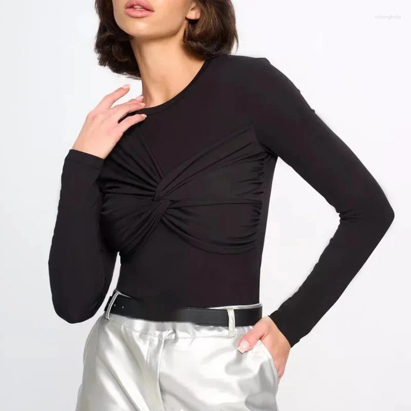Women's Polos Tops Tees Jumpsuit Round Neck Long Sleeved Tight Fitting Eur America Sexy Pleated High Street Mid Waist Top